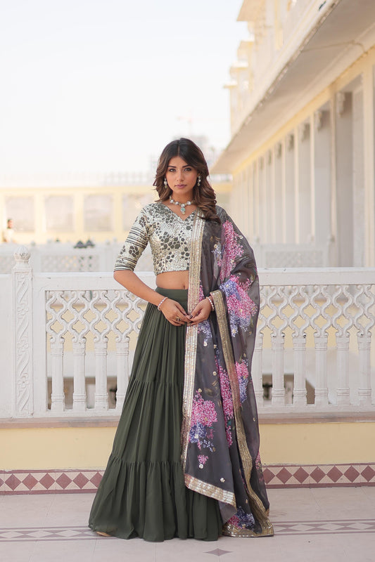 Fantastic Georgette Sequence Mehndi Wear Green Color Lehenga Choli