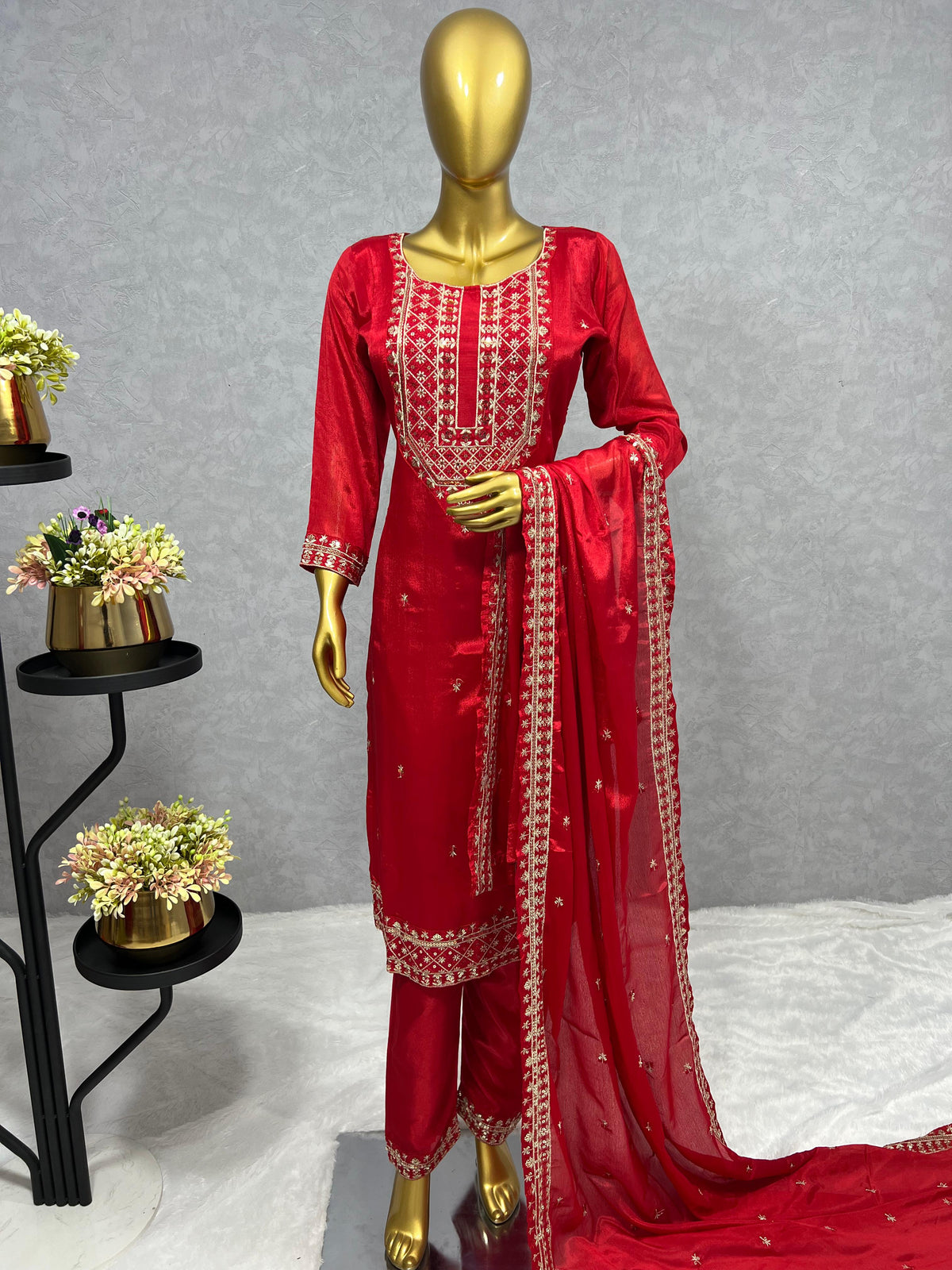 Classic Chinon Silk Red Color Salwar Suit