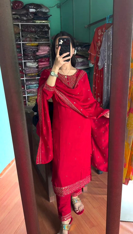 Classic Chinon Silk Red Color Salwar Suit