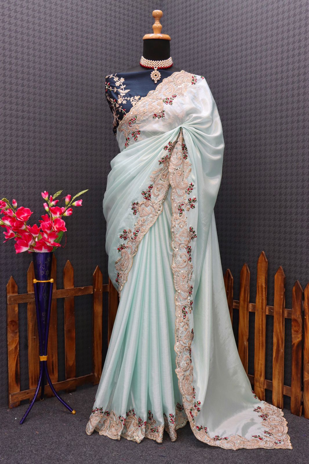 Amazing Piasta Color Chinon Silk Embroidery Work Saree