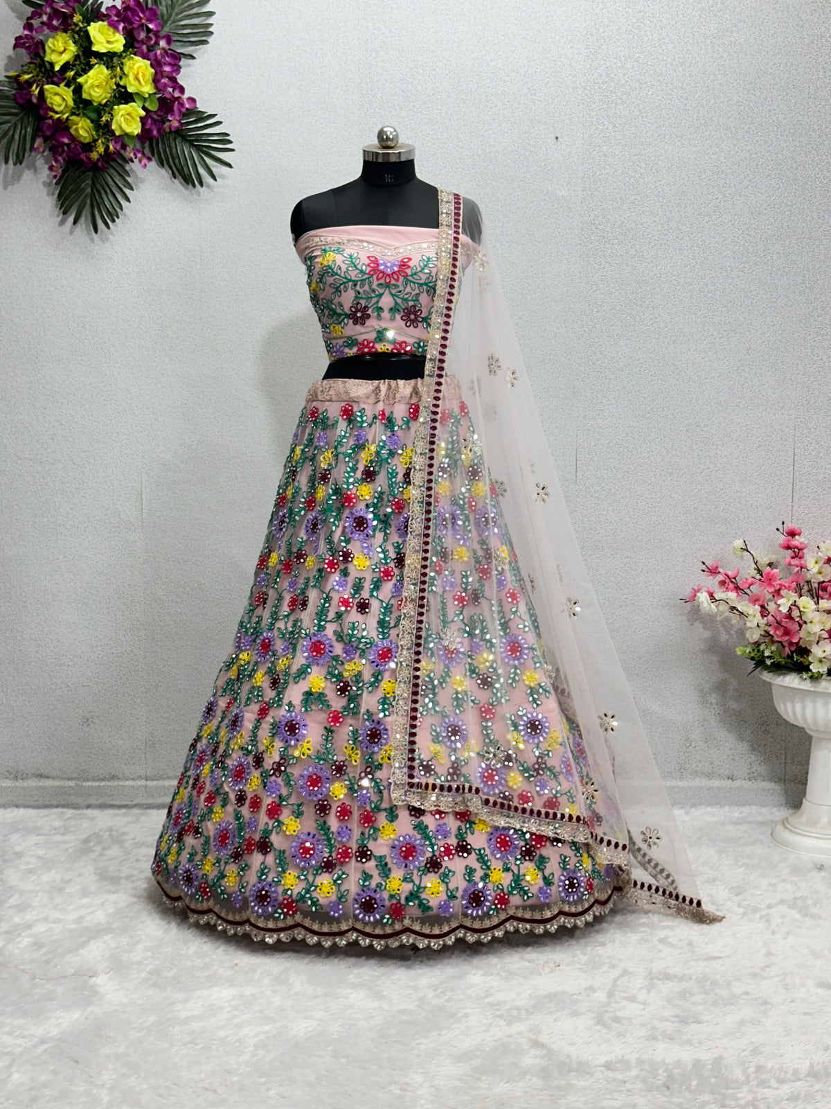 Party Wear Mirror Hand Work Net Multi Color Lehenga Choli