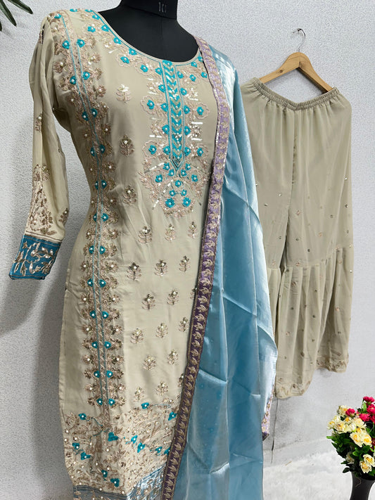 Stylish Beige Color Sequence Work Sharara Suit