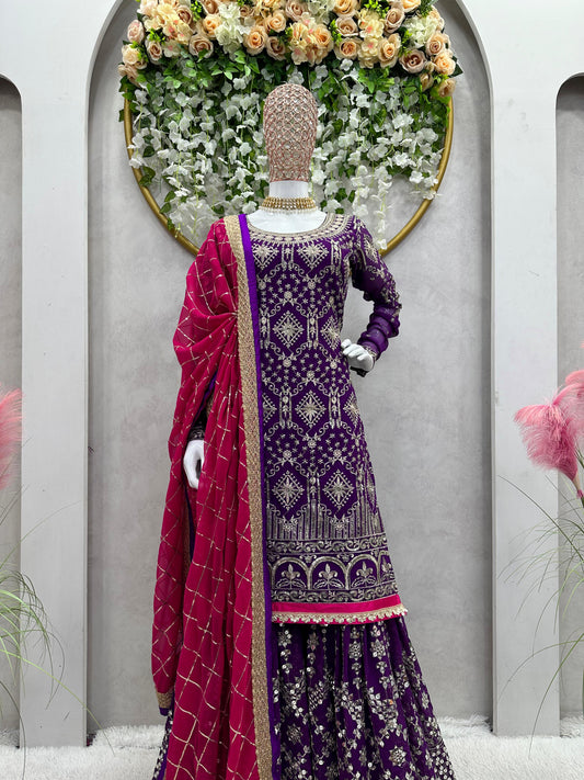 Peaceful Purple Color Thread With Sequnce Work Sharara Suit