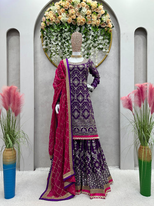 Peaceful Purple Color Thread With Sequnce Work Sharara Suit