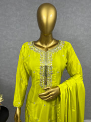 Embroidery Sequences Work Lemon Color Salwar Suit