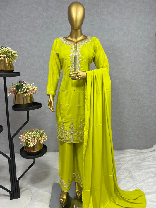 Embroidery Sequences Work Lemon Color Salwar Suit