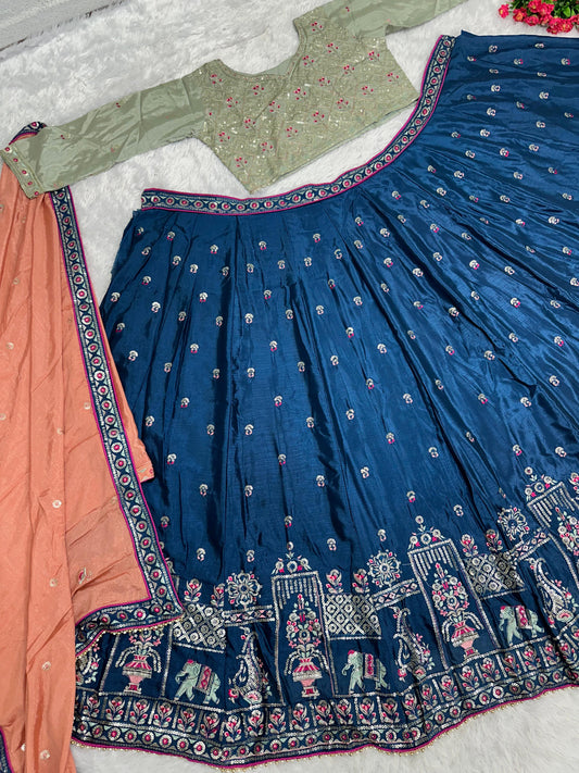Dazzling Heavy Embroidered Work Blue Color Lehenga Choli