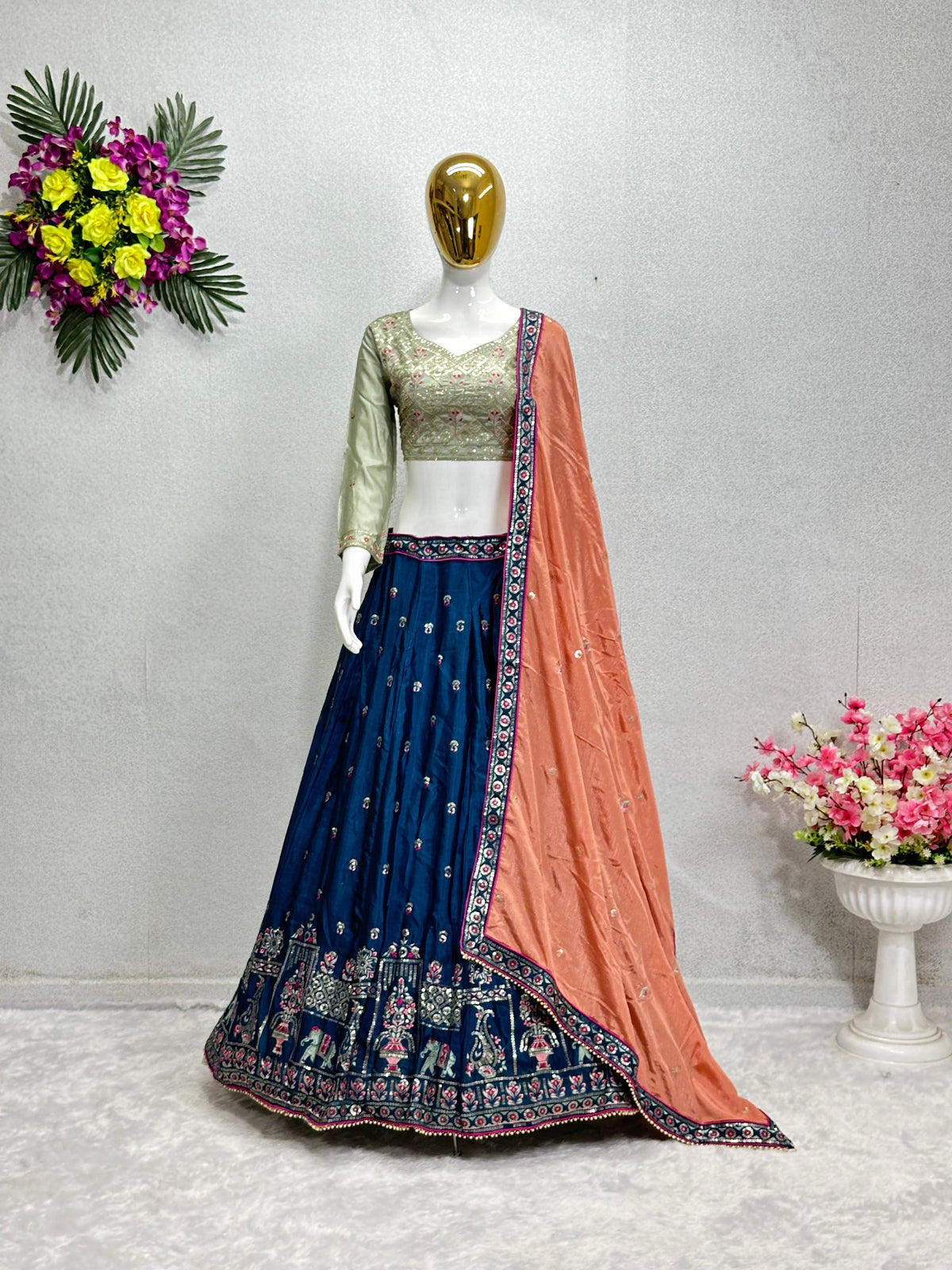 Dazzling Heavy Embroidered Work Blue Color Lehenga Choli