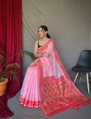 Classic Linen Cotton Baby Pink Color Saree