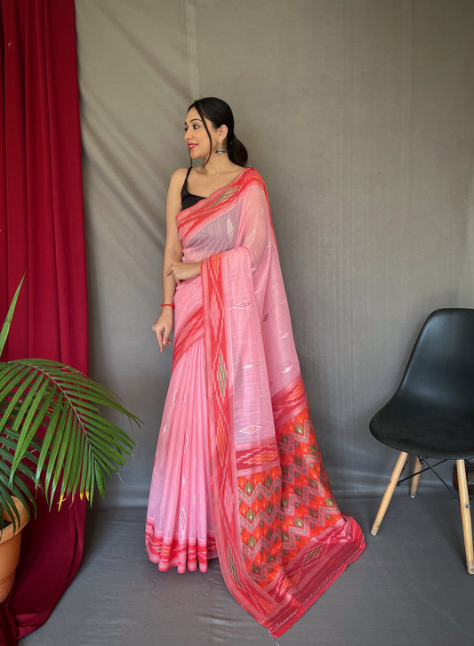 Classic Linen Cotton Baby Pink Color Saree