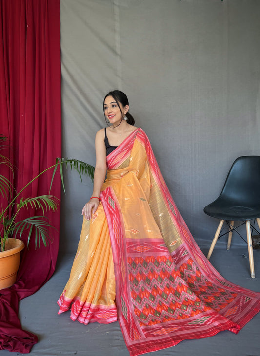 Classic Linen Cotton Orange Color Saree