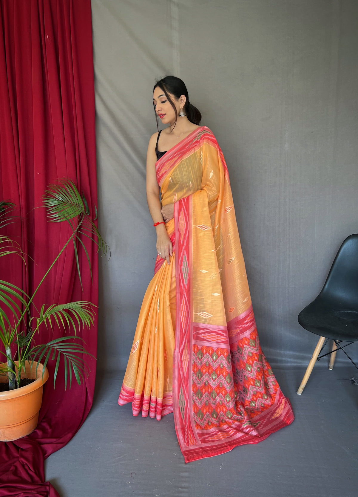 Classic Linen Cotton Orange Color Saree