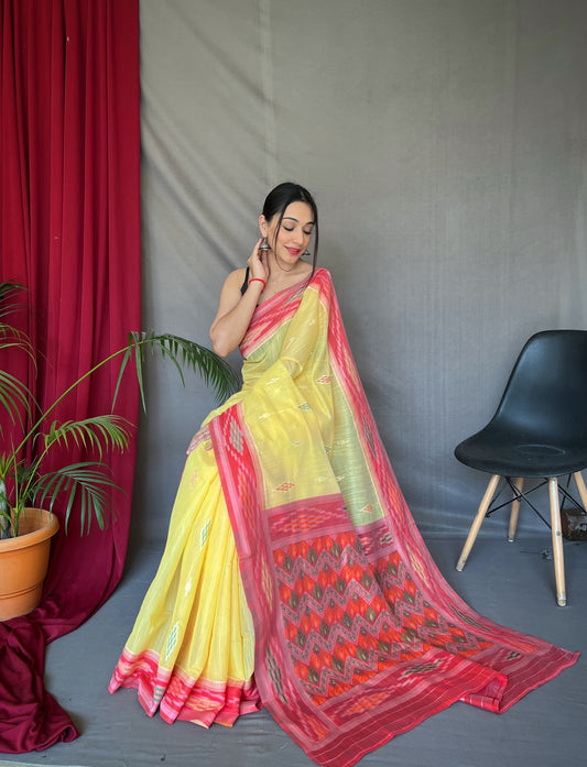 Classic Linen Cotton Yellow Color Saree