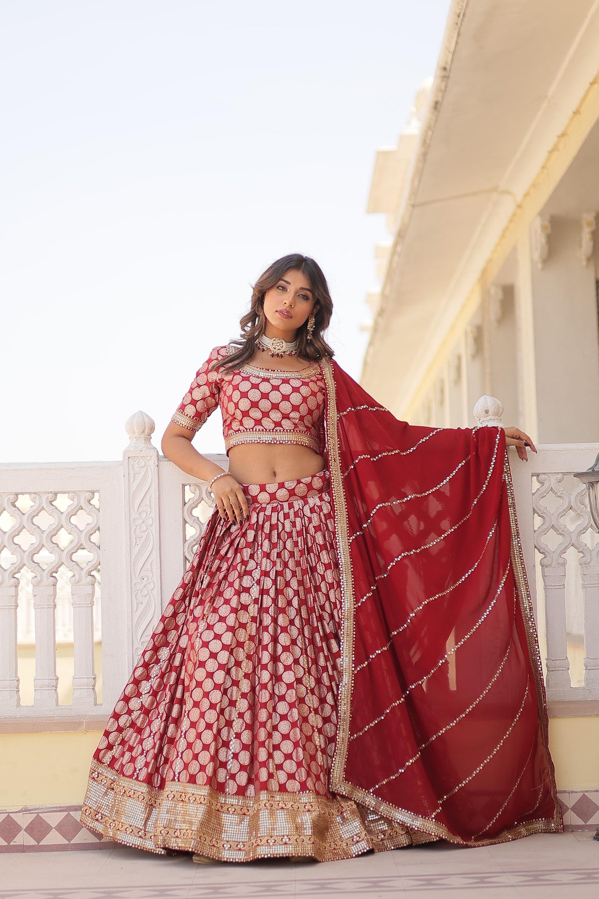 Traditional Wear Jacquard Work Red Color Lehenga Choli