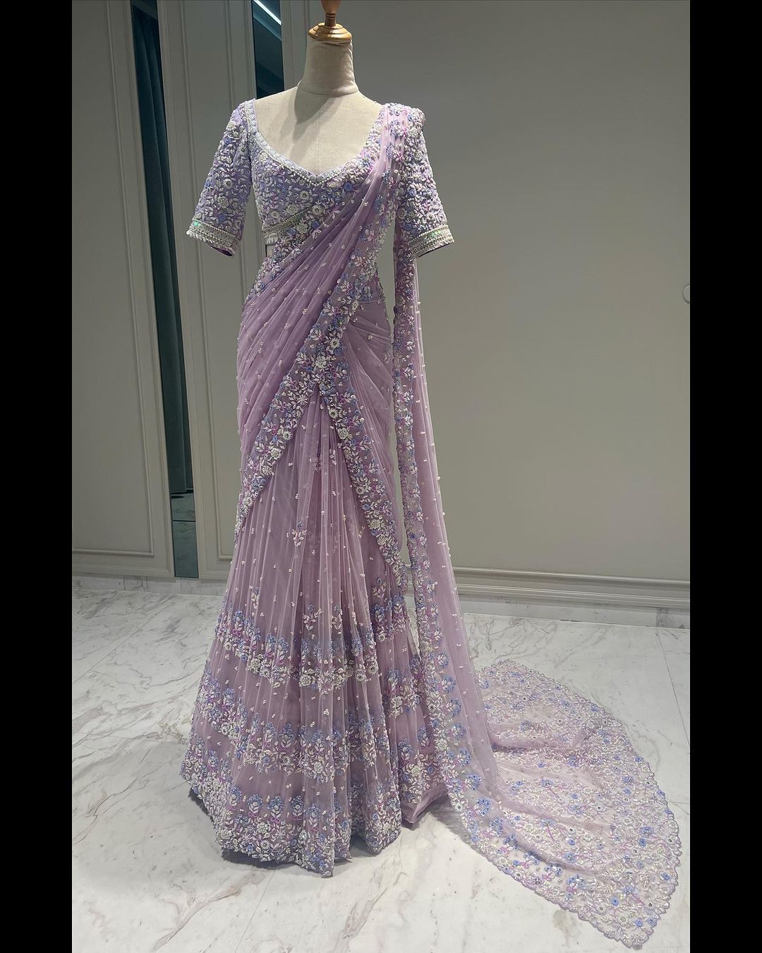 Flattering Lavender Color Sequence Work Net Saree