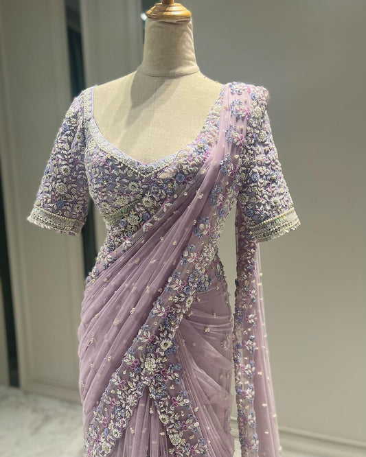 Flattering Lavender Color Sequence Work Net Saree