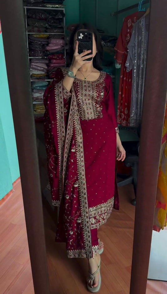 Embellished  Chinon Silk Maroon Color Salwar Suit