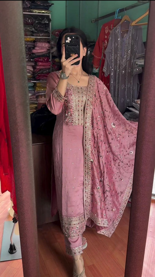 Embellished Chinon Silk Pink Color Salwar Suit