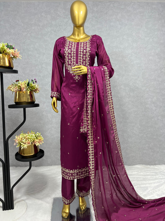 Classic Chinon Silk Wine Color Salwar Suit