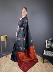 Shining Zari Weaving Black Color Silk Saree