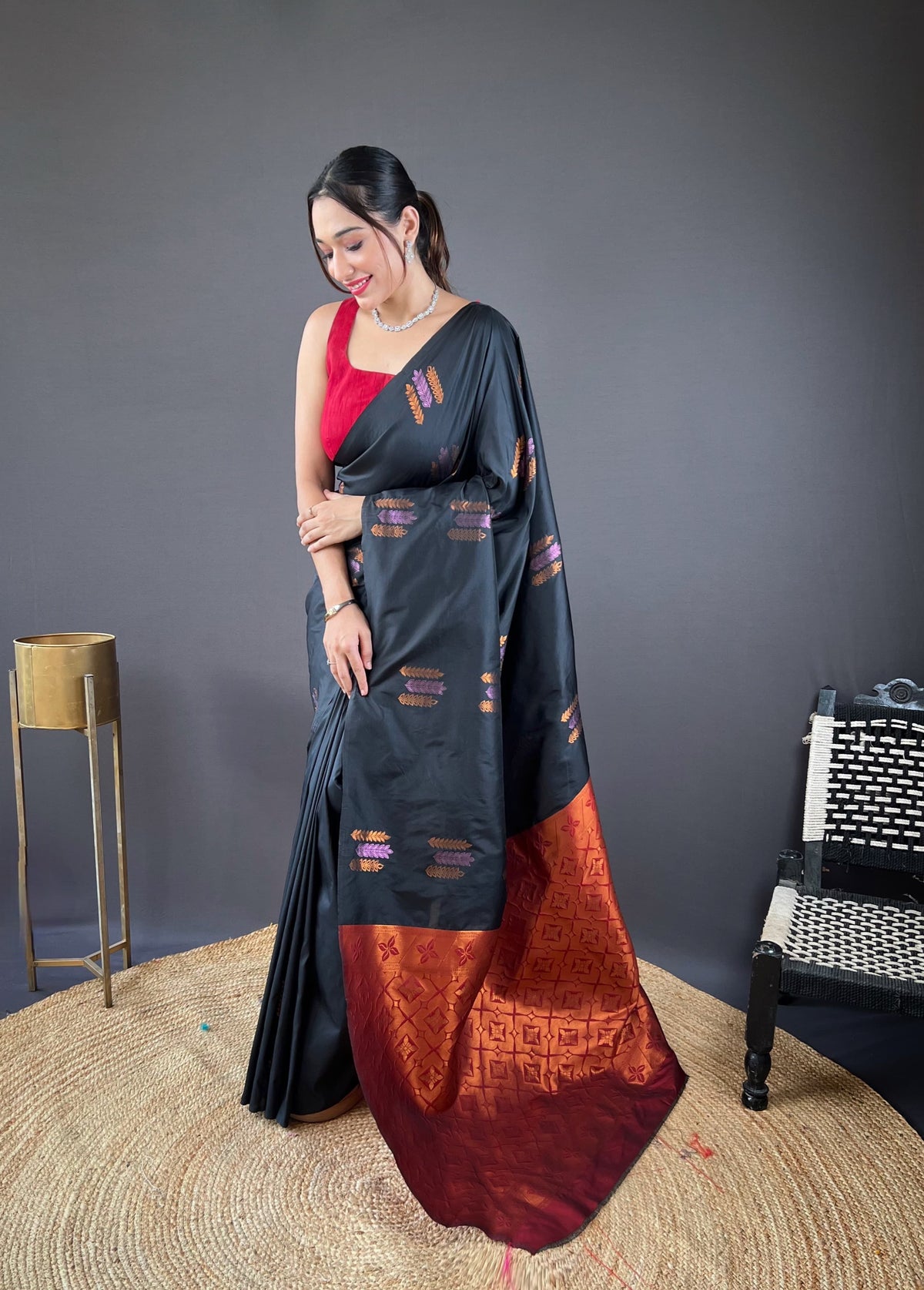 Shining Zari Weaving Black Color Silk Saree