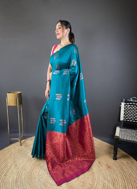 Shining Zari Weaving Sky Color Silk Saree