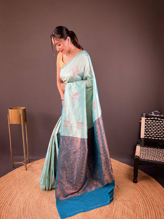 Shining Zari Weaving Sky Color Silk Saree