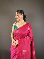 Shining Zari Weaving Rani Color Silk Saree