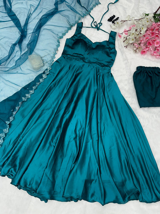 Party Wear Teal Blue Color Satin Anarkali Suit