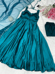 Party Wear Teal Blue Color Satin Anarkali Suit