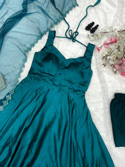 Party Wear Teal Blue Color Satin Anarkali Suit