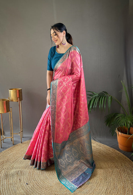 Wedding Wear Tabby Silk Peach Color Saree