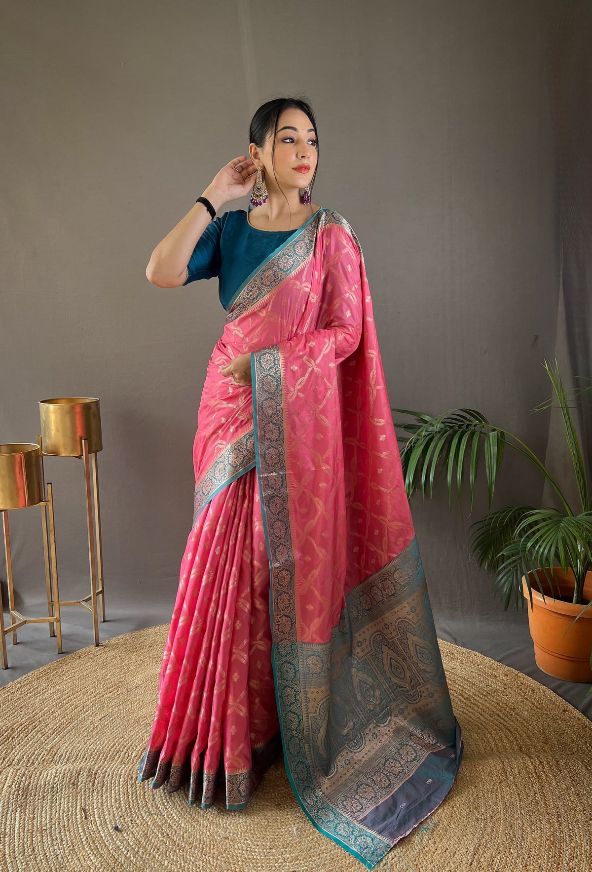 Wedding Wear Tabby Silk Pink Color Saree