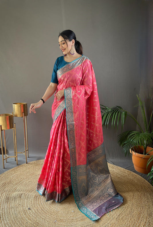 Wedding Wear Tabby Silk Pink Color Saree