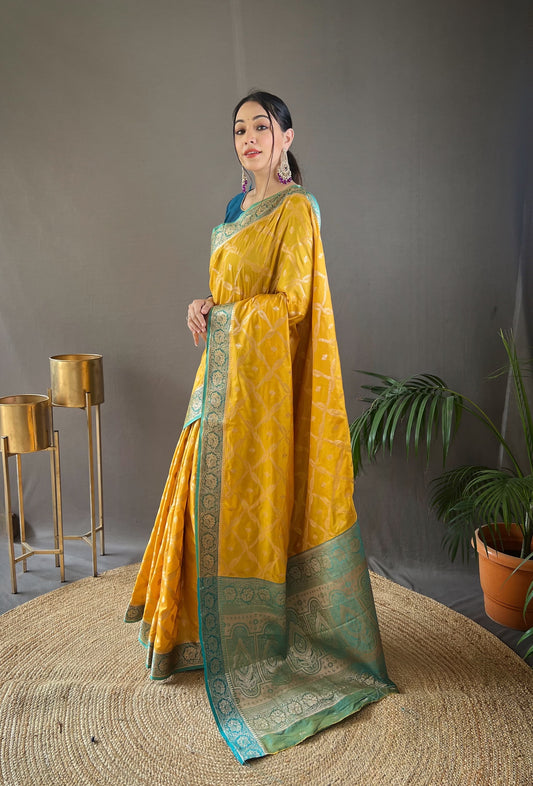 Wedding Wear Tabby Silk Mustered Color Saree