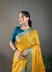 Wedding Wear Tabby Silk Mustered Color Saree