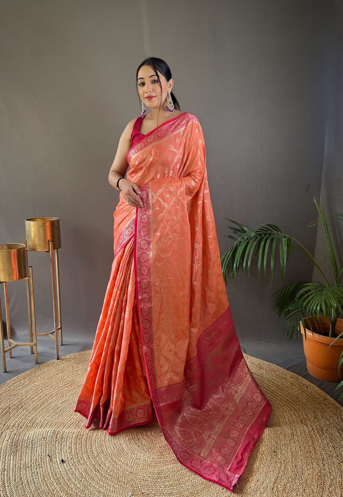 Wedding Wear Tabby Silk Orange Color Saree