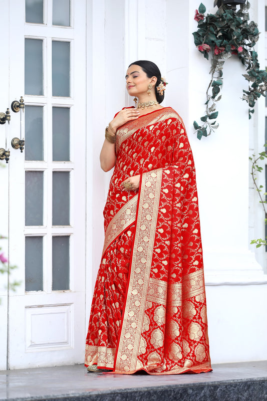 Amazing Red Color Silver Jari Design Silk Saree