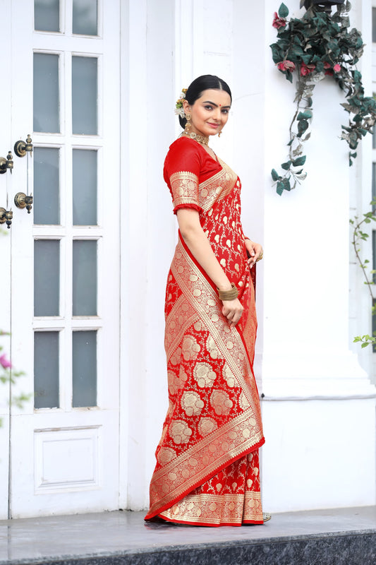 Amazing Red Color Silver Jari Design Silk Saree