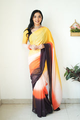 Ready To Wear Digital Print Yellow With Multi Color Saree