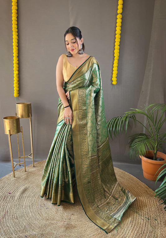 Occasion Wear Green Color Zari Weaving Kanchipuram Saree