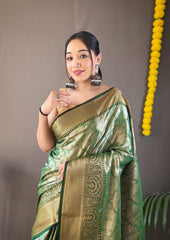 Occasion Wear Green Color Zari Weaving Kanchipuram Saree