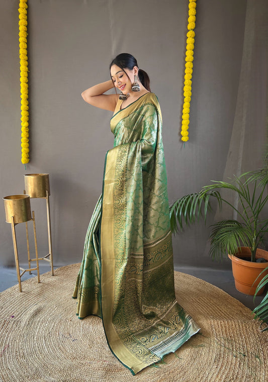 Occasion Wear Green Color Zari Weaving Kanchipuram Saree