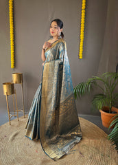 Occasion Wear Sky Blue Color Zari Weaving Kanchipuram Saree