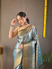 Occasion Wear Sky Blue Color Zari Weaving Kanchipuram Saree