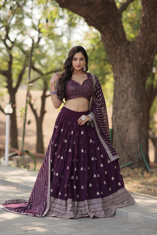 Wedding Wear Wine Color Sequence Work Lehenga Choli