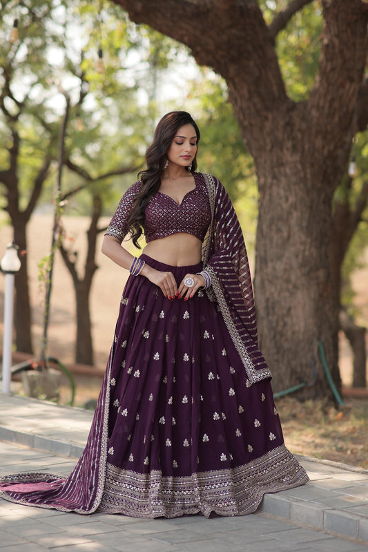 Wedding Wear Wine Color Sequence Work Lehenga Choli