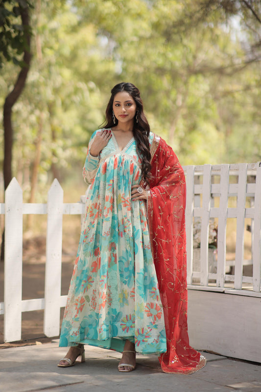 Fancy Alia Cut Digital Print Sky Color Gown