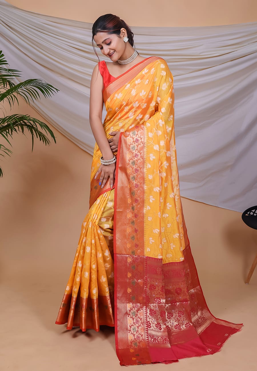 Fashionable Organza Weaving Mustard Color Saree