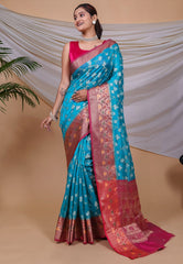 Fashionable Organza Weaving Aqua Blue Color Saree